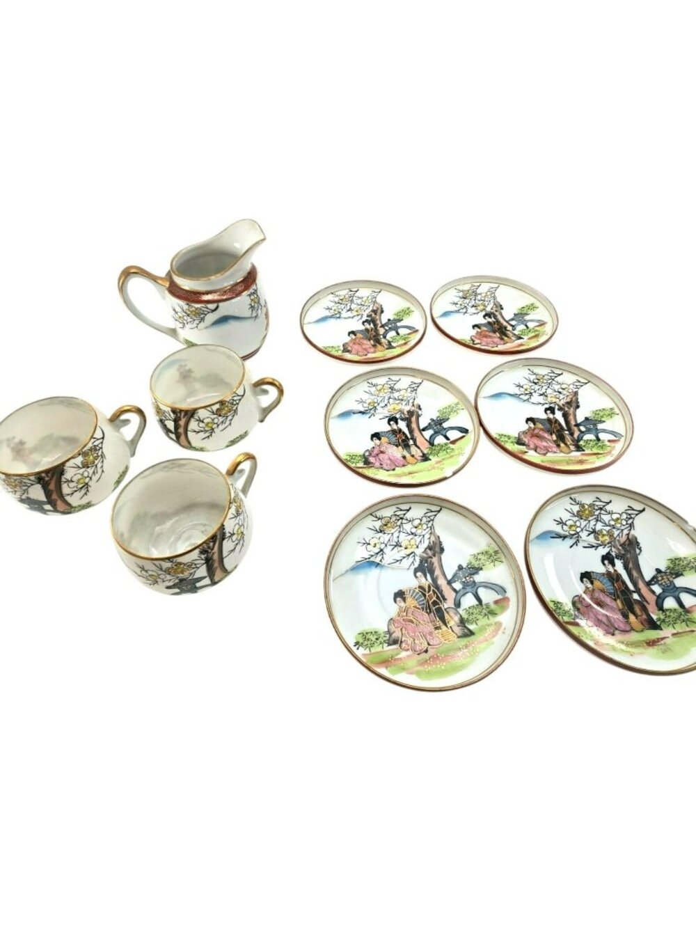 Antique Japanese Kutani Porcelain Tea Set Hand-Painted Geisha Floral Motif je105